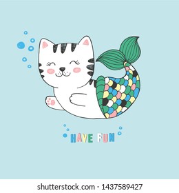 Vector hand drawn illustation of kawaii anime cat mermaids with fish tails, bubbles, flock of fishes drawn with pen isolated on a blue background. fairy tale cartoon sketch doodle character