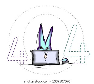 Vector hand drawn illustration of 404 funny bunny webmaster with a laptop. An April 4th concept. Happy 4.04 Webmaster's Day! Computer with carrot. Web-developer day.
