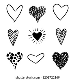Vector hand drawn illustration of 9 different hearts in different styles isolated on white background