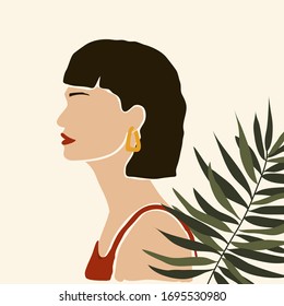 Vector hand drawn illustration of abstract modern young woman portrait silhouettes. Fashion minimal trendy female face in paper cut mosaic flat style with palm leaf. Minimal art, poster print. 