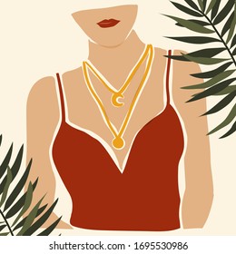 Vector hand drawn illustration of abstract modern young woman portrait silhouettes. Fashion minimal trendy female face in paper cut mosaic flat style with palm leaf. Minimal art, poster print. 