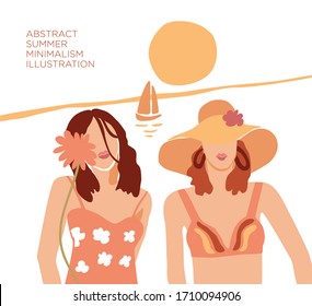 Vector hand drawn illustration of abstract modern two young women portrait silhouettes on the beach. Fashion minimalism trendy female faces flat style with flowers ans sea. Minimal art, poster print.