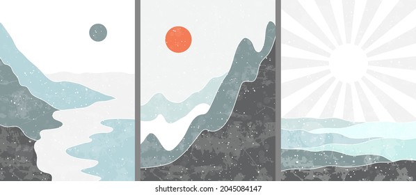 Vector hand drawn illustration. Abstract contemporary aesthetic background set. Landscape. Boho wall decor. Flat design for book cover, poster, layout, brochure, postcard. Winter cold snowy season.