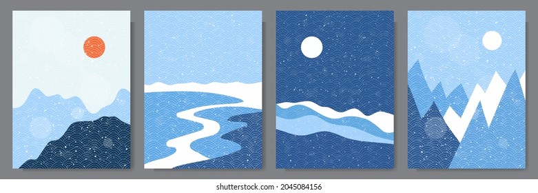 Vector hand drawn illustration. Abstract flat minimalist design landscape set. Winter cold snowy season. Japanese line pattern. Vintage nature graphic. Day, night scene. Clear sky. Mountains, forest