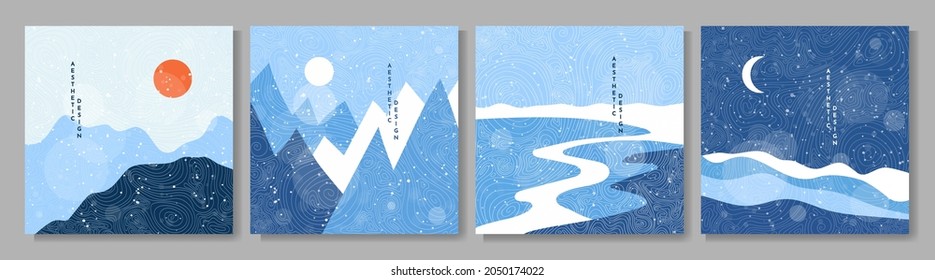 Vector hand drawn illustration  Abstract flat minimalist design landscape set  Winter cold snowy season  Japanese line pattern  Vintage nature graphic  Day  night scene  Clear sky  Mountains  forest