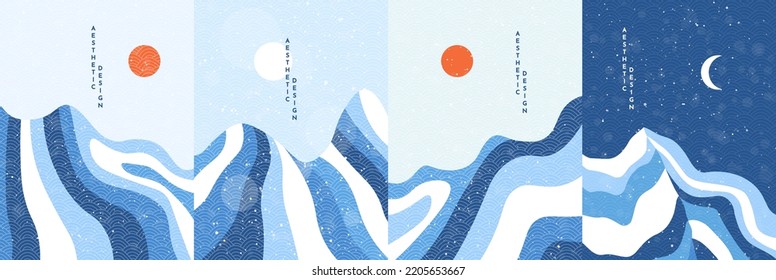 Vector hand drawn illustration. Abstract flat minimalist design landscape set. Winter cold snowy season. Retro nature graphic. Clear sky. Hand drawn mountains. Design for poster, layout, book cover