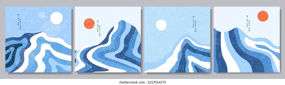 Ilustración dibujada a mano por vectores. Resumen de diseño minimalista plano. Temporada de nieve fría en invierno. Gráfico de naturaleza retro. Cielo despejado. Montañas dibujadas a mano. Diseño para medios sociales, plantilla web