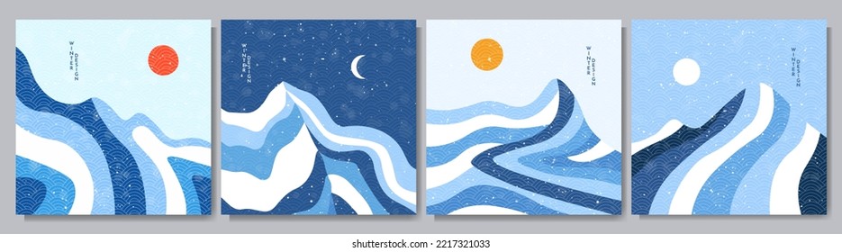 Vector hand drawn illustration. Abstract flat minimalist design landscape set. Winter cold snowy season. Retro nature graphic. Clear sky. Hand drawn mountains. Design for social media, web template