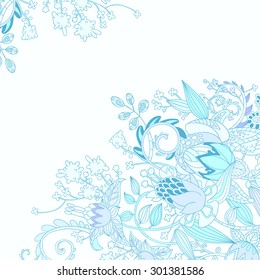 vector hand drawn illustration. Abstract floral spring monochrome blue background.