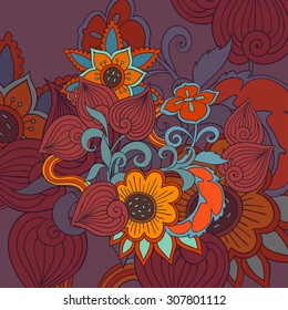 vector hand drawn illustration of abstract flower colorful dark background.