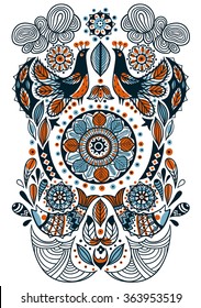 vector hand drawn illustration of abstract birds, fishes and folk ornaments