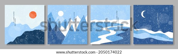 Vector hand drawn illustration. Abstract flat\
minimalist design landscape set. Winter cold snowy season. Japanese\
line pattern. Vintage nature graphic. Day, night scene. Clear sky.\
Mountains, forest