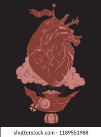 Vector hand drawn illustration of air balloon with human heart isolated . Creative tattoo artwork. Template for card, poster, banner, print for t-shirt, pin, badge, patch.