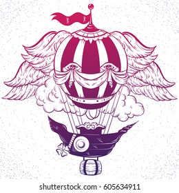 Vector hand drawn illustration of air balloon with clouds. Tattoo artwork. Template for card, poster, banner, print for t-shirt.