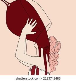 Vector hand drawn illustration of alcoholic girl with big glass of wine. Creative artwork. Template for card, poster, banner, print for t-shirt, pin, badge, patch.