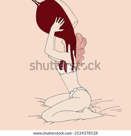 Vector hand drawn illustration of alcoholic girl with big glass of wine. Creative artwork. Template for card, poster, banner, print for t-shirt, pin, badge, patch.