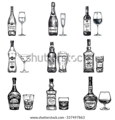 Vector hand drawn illustration with alcoholic drinks. Sketch.