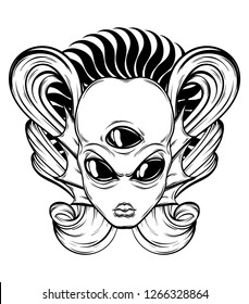Vector hand drawn illustration of alien with frame isolated. Creative tattoo artwork. Template for card, poster, banner, print for t-shirt, pin, badge, patch.