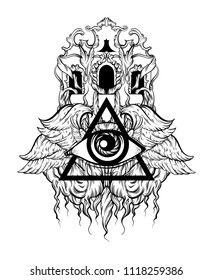 Vector hand drawn illustration of all seeing eye pyramid with detailed building. Surreal tattoo artwork. Template for card, poster. banner, print for t-shirt, pin, badge, patch.