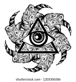 Vector hand drawn illustration of all seeing eye with rhinos. Creative tattoo artwork. Template for card, poster, banner, print for t-shirt, pin, badge, patch.