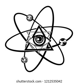 Vector hand drawn illustration of all seeing eye with planets . Template for card, poster, banner, print for t-shirt, pin, badge, patch.