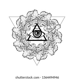 Vector hand drawn illustration of all seeing eye isolated. Creative tattoo artwork. Template for card, poster. banner, print for t-shirt, pin, badge, patch.