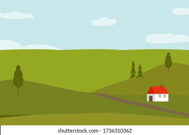 Handgezeichnete Darstellung des Alpentals mit grünen Graslandbäumen Wiesen ländliches Haus blauer Himmel mit Wolken. Wandern Landurlaub inländische Tourismus Konzept