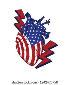 Vector hand drawn illustration of american flag on human heart isolated . Creative artwork. Template for card, poster, banner, print for t-shirt, pin, badge, patch.