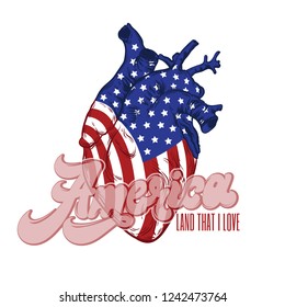 Vector hand drawn illustration of american flag on human heart isolated . Creative artwork. Template for card, poster, banner, print for t-shirt, pin, badge, patch.