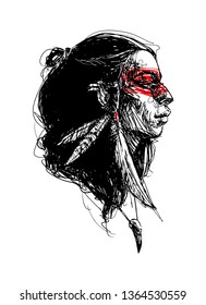 Vector hand drawn illustration with american indian girl isolated on white. Graphic portrait of tribal woman with feathers on head and makeup on face.
