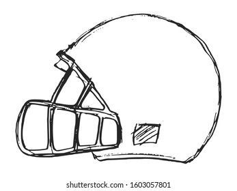 Vector, hand drawn illustration of american football helmet. Side view.  Motives of protection, tournaments, sports, retro, sport competitions, outdoor games