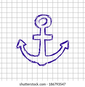 vector hand drawn illustration of anchor on the squared school notebook