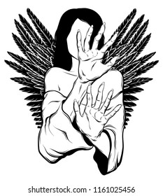 Vector hand drawn illustration of angel with wings isolated. Creative tattoo artwork. Template for card, poster. banner, print for t-shirt, pin, badge, patch.
