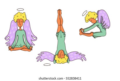 Vector hand drawn illustration. Angel doing yoga. Isolated images