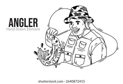 Vector hand drawn illustration of angler catching fish. Black ink, line art, simple.