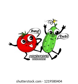Vector hand drawn illustration of angry cartoon  vegetables. Monstrous cucumber and tomato quarrel and fight. 