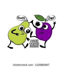 Vector hand drawn illustration of angry cartoon  fruits. Monstrous pear and plum quarrel and fight. 3