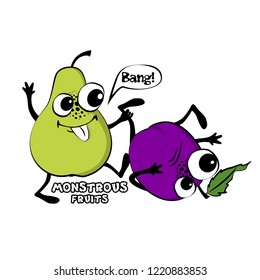 Vector hand drawn illustration of angry cartoon  fruits. Monstrous pear and plum quarrel and fight. 4