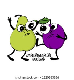 Vector hand drawn illustration of angry cartoon  fruits. Monstrous pear and plum quarrel and fight. 5