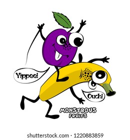 Vector hand drawn illustration of angry cartoon  fruits. Monstrous banana and plum quarrel and fight. 4