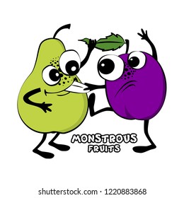 Vector hand drawn illustration of angry cartoon  fruits. Monstrous pear and plum quarrel and fight. 2