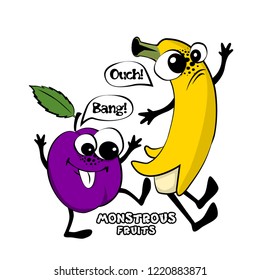 Vector hand drawn illustration of angry cartoon  fruits. Monstrous banana and plum quarrel and fight. 3