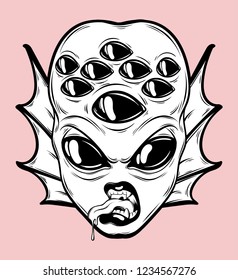Vector hand drawn illustration of angry alien with many eyes isolated . Creative tattoo artwork. Template for card, poster, banner, print for t-shirt, pin, badge, patch.