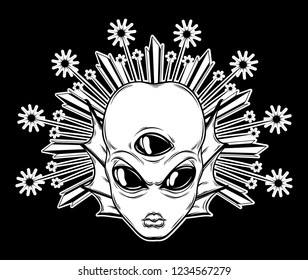 Vector hand drawn illustration of angry alien with three eyes isolated . Creative tattoo artwork. Template for card, poster, banner, print for t-shirt, pin, badge, patch.