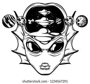 Vector hand drawn illustration of angry alien with flying saucer and planets isolated . Creative tattoo artwork. Template for card, poster, banner, print for t-shirt, pin, badge, patch.