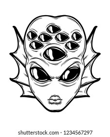 Vector hand drawn illustration of angry alien with many eyes isolated . Creative tattoo artwork. Template for card, poster, banner, print for t-shirt, pin, badge, patch.