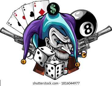 Ilustración hecha a mano por vectores de payaso enojado con pistolas aisladas.