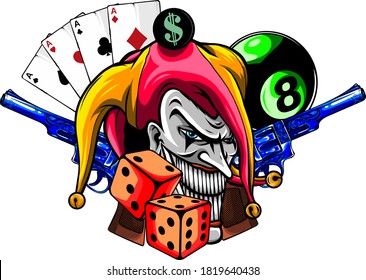 Vector hand drawn illustration of angry clown with guns isolated.