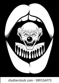 Vector hand drawn  illustration of angry clown in open screaming mouth. Tattoo artwork in realistic line style. Portrait of ugly clown.  Template for card, poster, banner, print for t-shirt. 