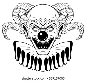 Vector hand drawn  illustration of angry clown with horns. Tattoo artwork in realistic line style. Portrait of ugly clown.  Template for card, poster, banner, print for t-shirt. 